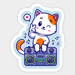 Cute Cat Sitting On Boombox Radio Cartoon Sticker